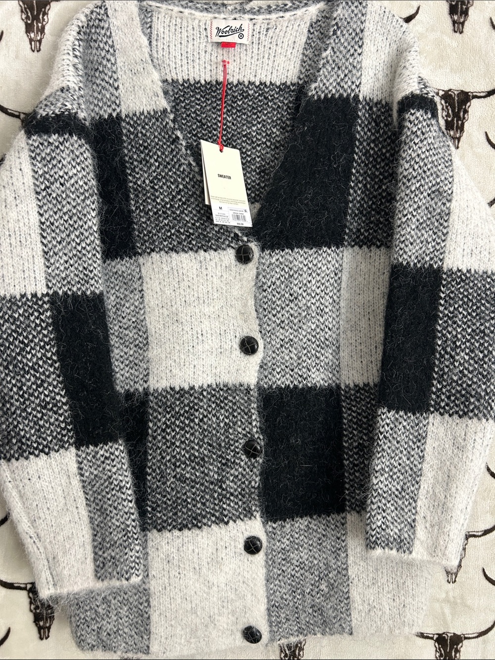 NWT Woolrich Buffalo Plaid Fuzzy Cardigan Sweater Black Gray M